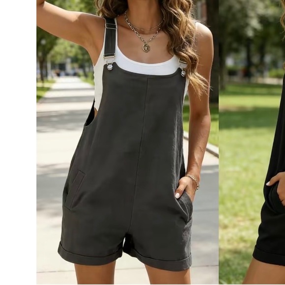 Fashion Pants - Fashion Charcoal Grey Cotton Linen Shortalls Overalls MZC-714 Womens Medium